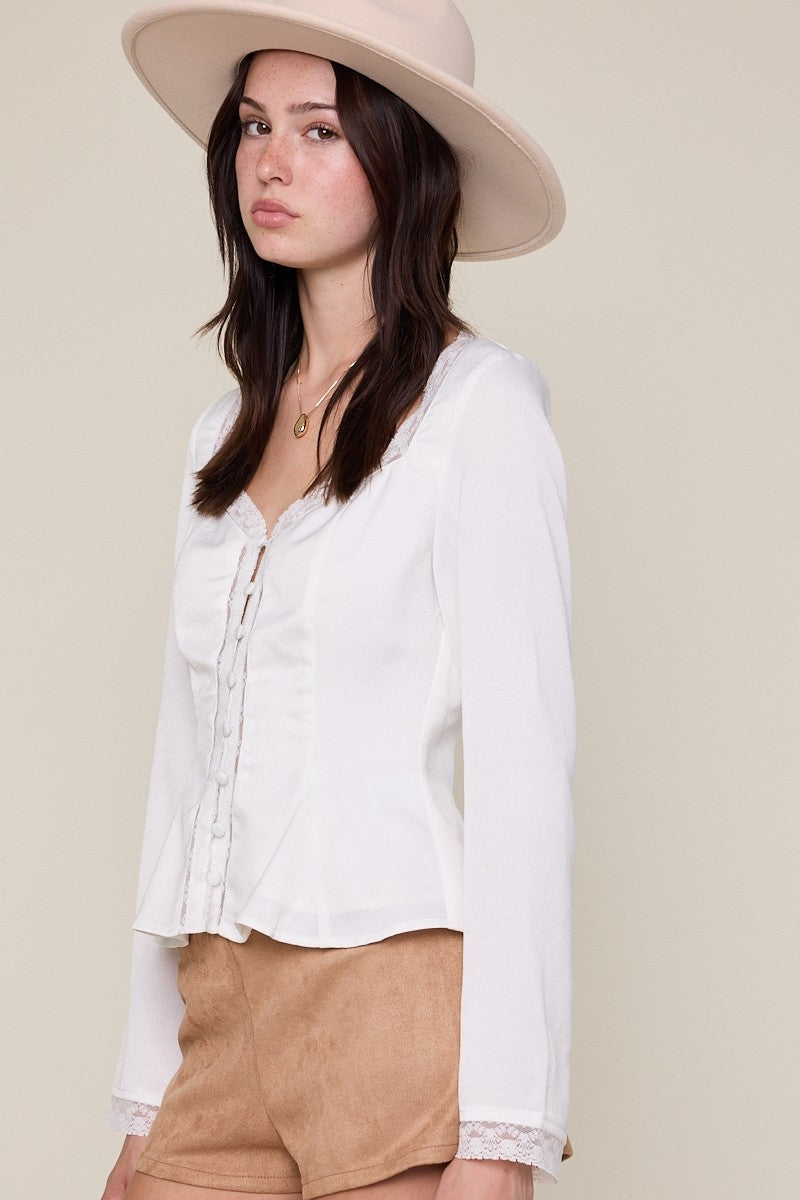 Sweatheart Long Sleeve Lace Trim Flare Blouse