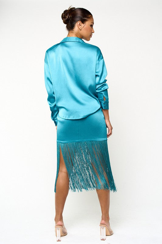 Teal Satin Collared Top & Fringe Skirt Set